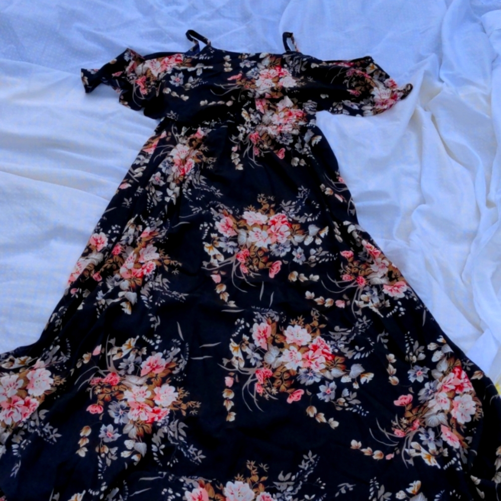 Shein navy blue and floral cold shoulder maxi dres